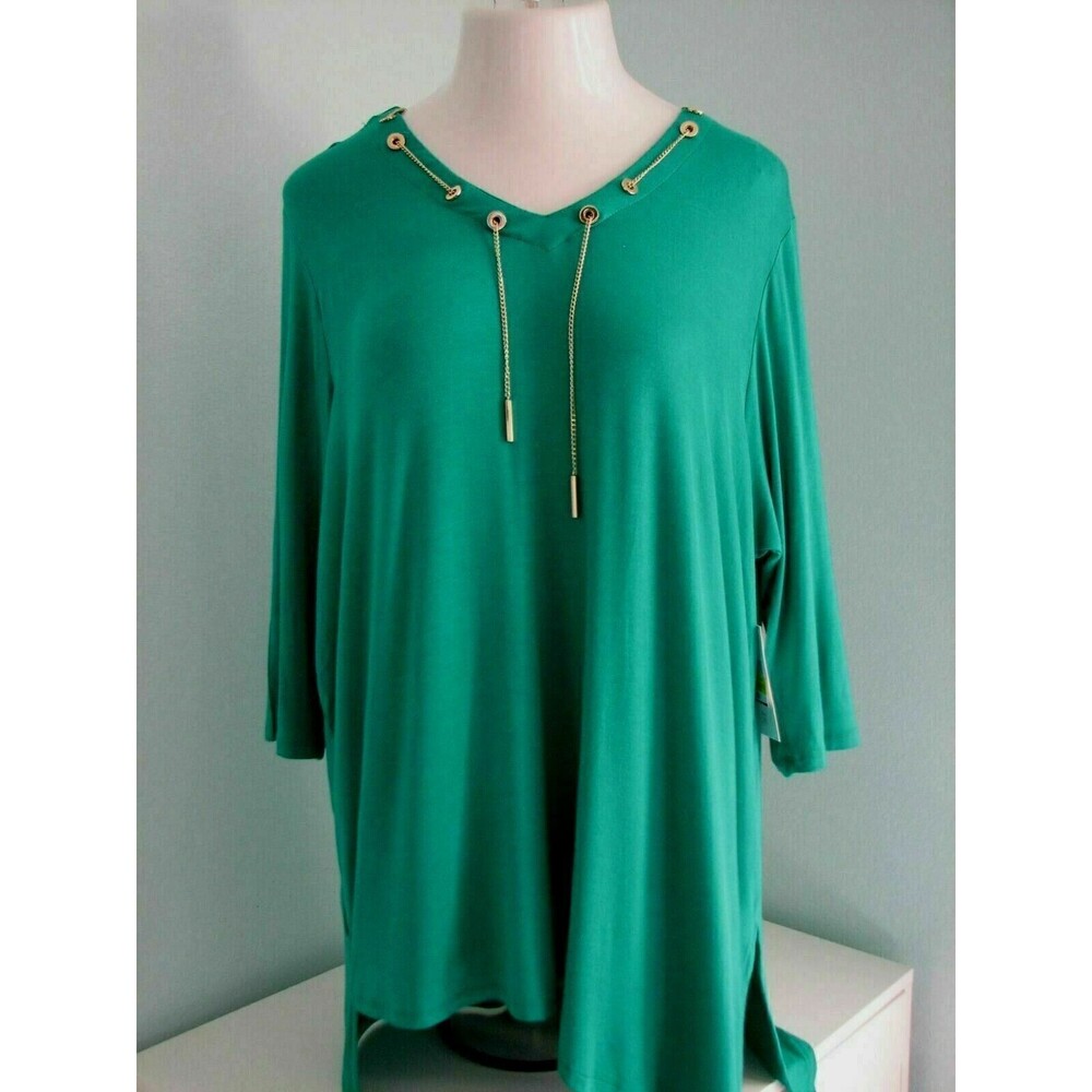 Plus Size V Neck Stretch Knit Long Tunic Top Thomas & Olivia Kelly Green 1X